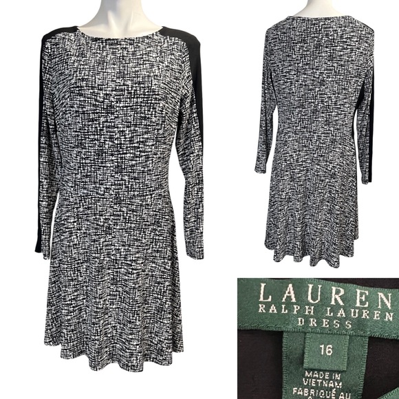Ralph Lauren Dress plus size 16 black/white Monochrome Long Sleeve A-line office - Picture 1 of 6